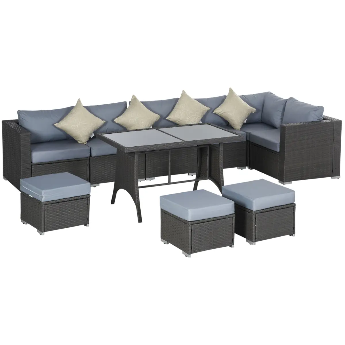Outsunny 10 Pcs Rattan Sofa Set-Grey/Dusty Blue Cushion - Garden Sofa Sets