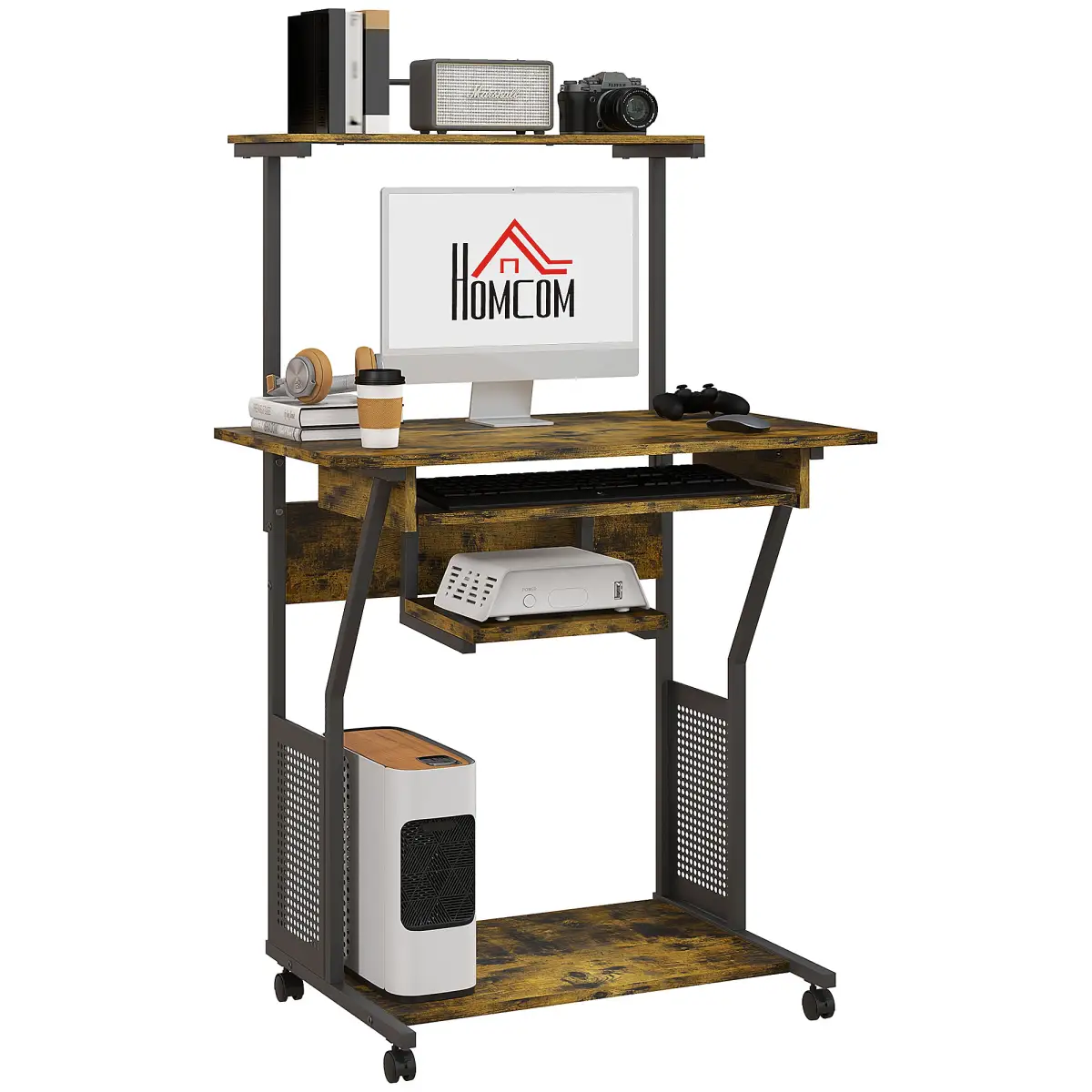 HOMCOM HOMCOM Rolling Computer Desk with Keyboard Tray Storage Shelves Rustic Brown - Desk