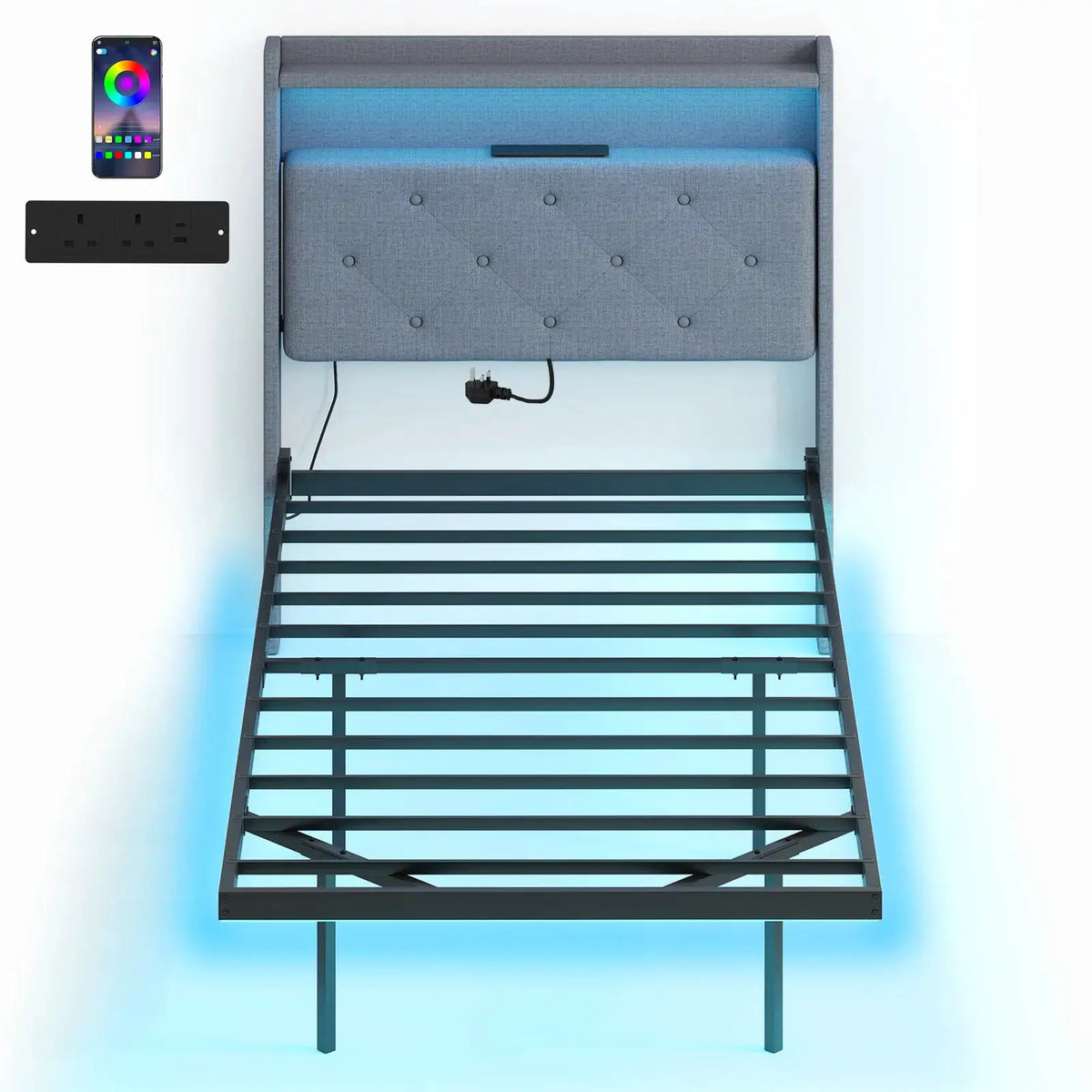 HOMCOM Floating Bed Frame, Upholstered 3ft Single Size Bed, Platform Bed with RGB LED Lights and Charging Station, Grey - from HOMCOM