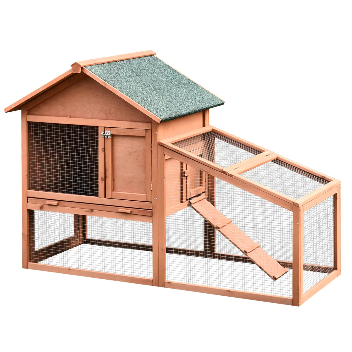 Pawhut 2 Tier Wood Rabbit Hutch Water Resistant Asphalt Roof Ramp 144 x 64.5 x 100 cm - Rabbit Hutch