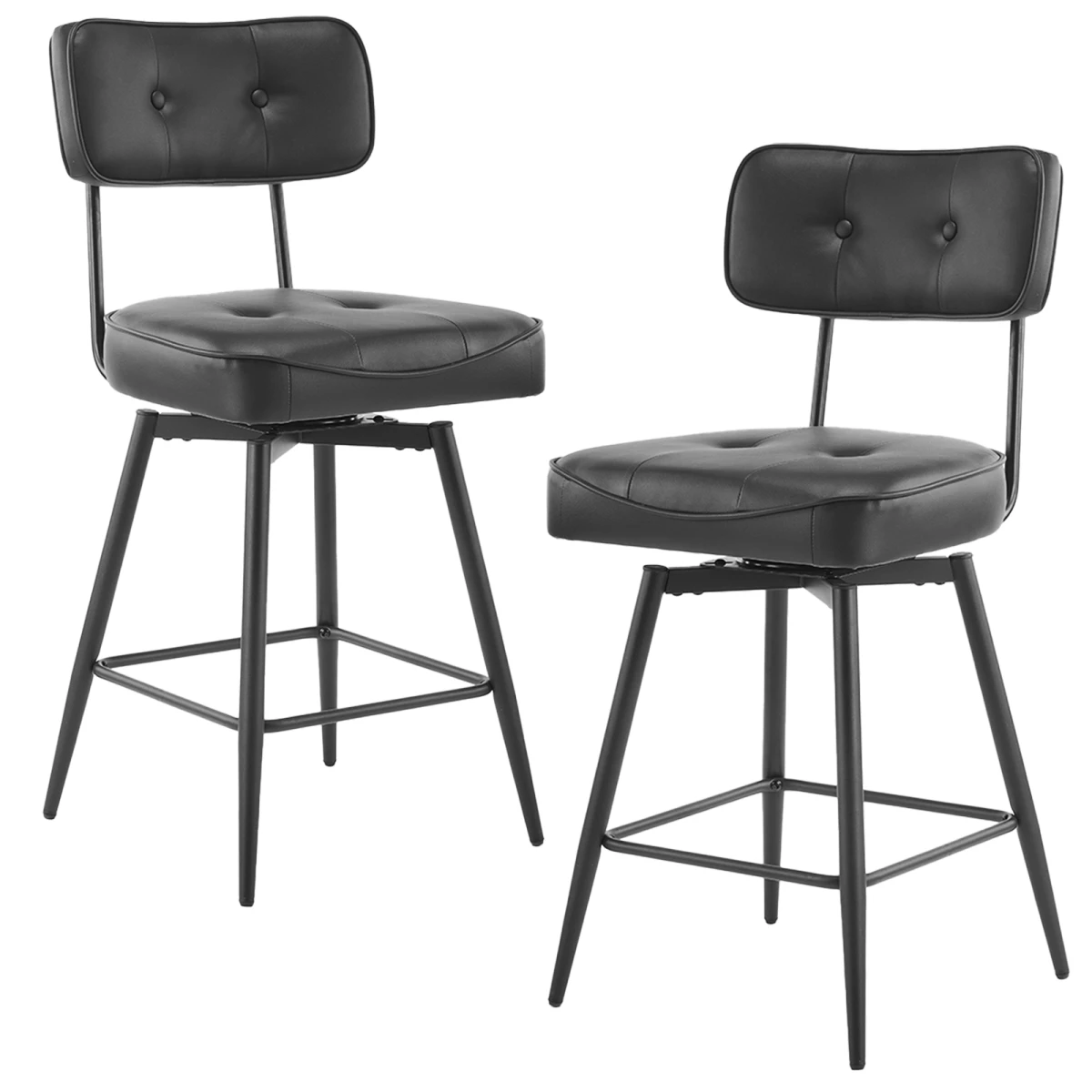 2 Pcs Black PU Swivel Bar Stools with Button-Tufted Backrest and Metal Legs by N/A