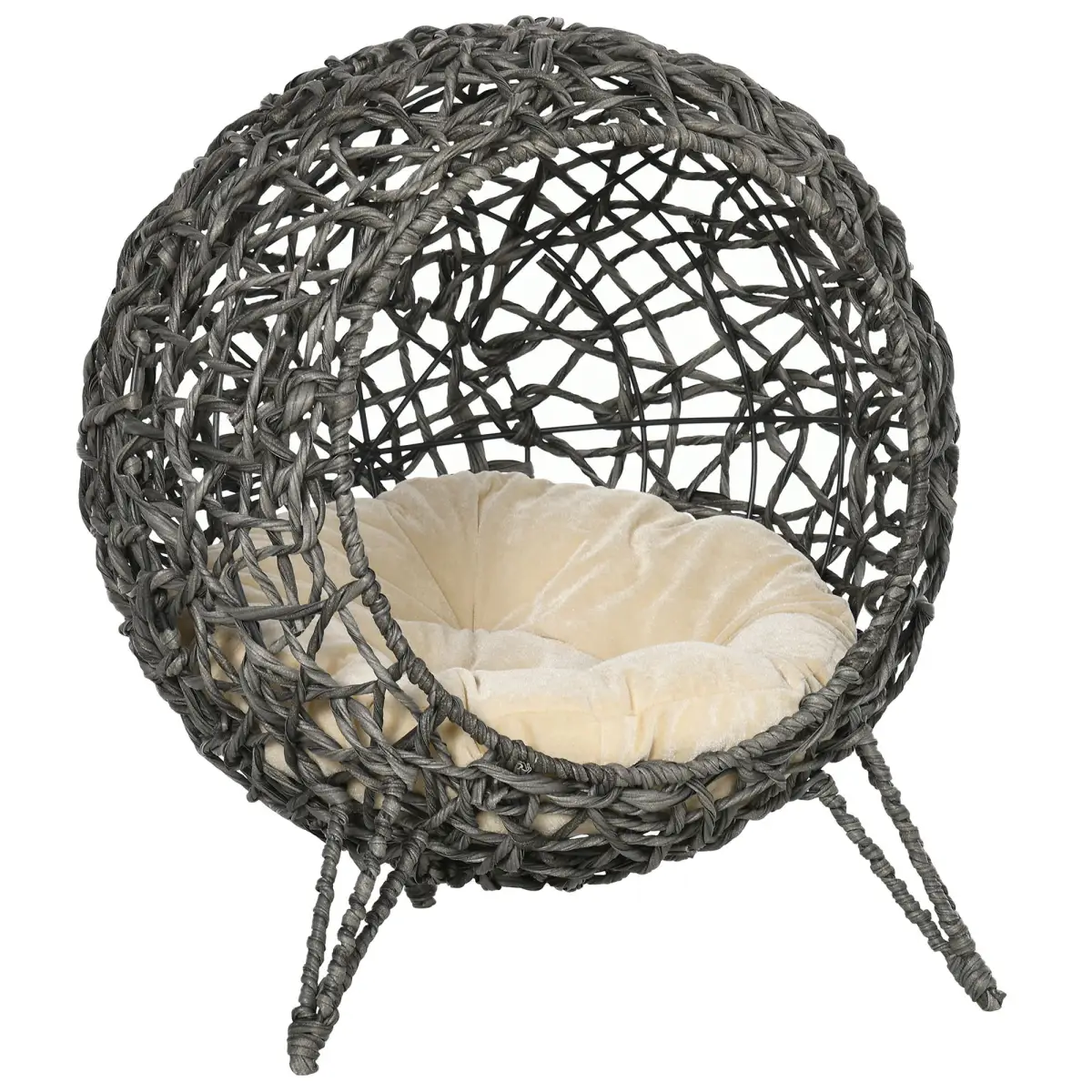 PawHut Rattan Elevated Cat House Kitten Bed Pet Furniture w/ Cushion Grey - Cat House