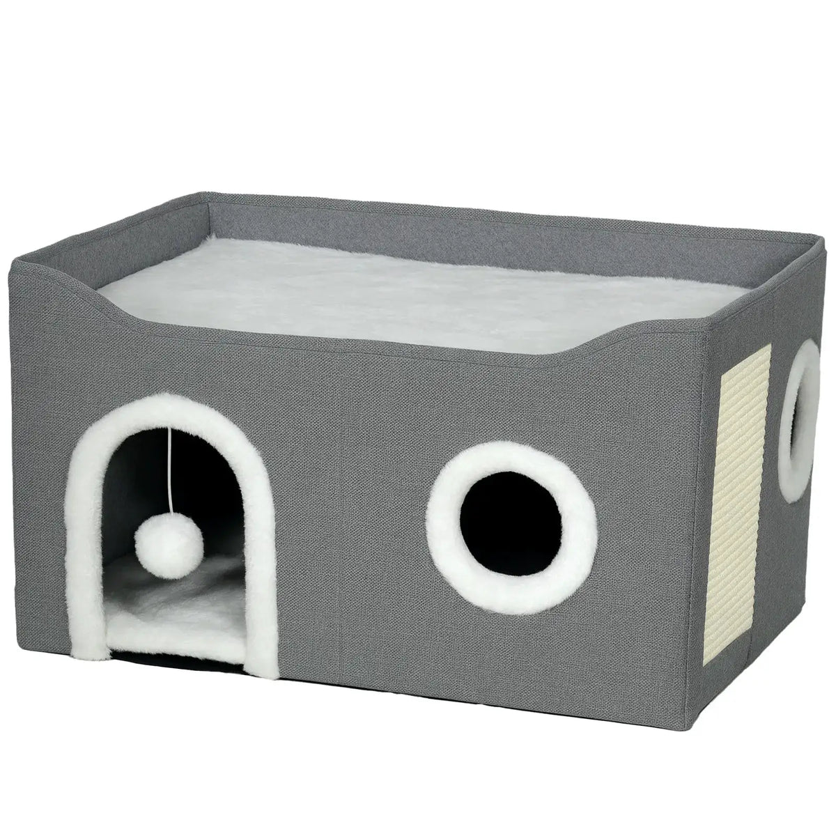 PawHut Cat Bed for Indoor Pets, Foldable Cat House with Fluffy Ball and Scratch Pad for Small and Medium Pets, Grey - from PawHut