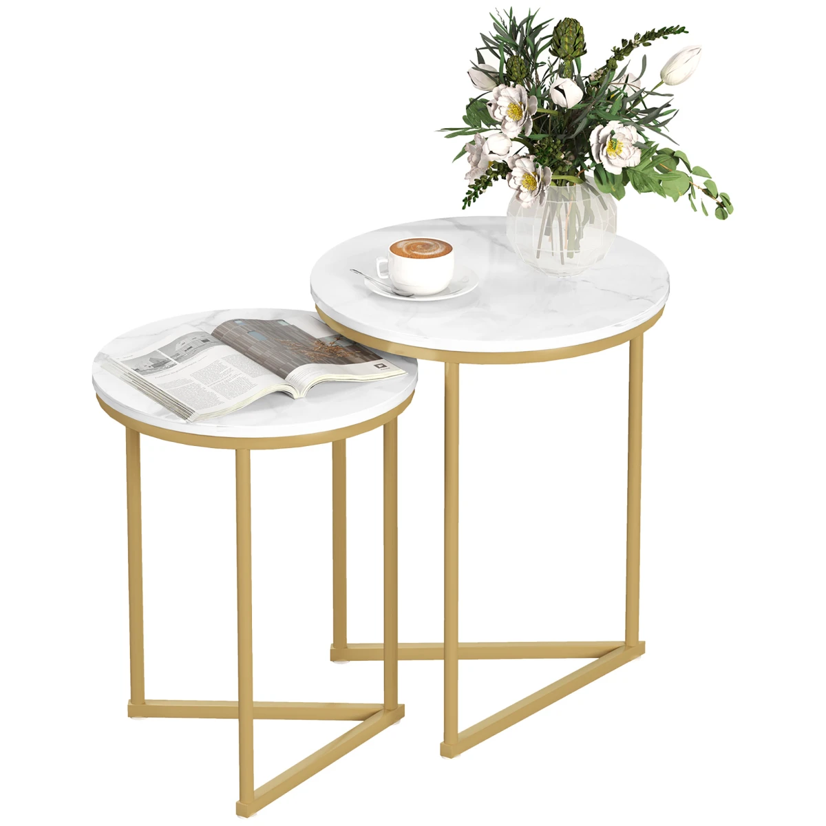 HOMCOM Nesting Coffee Tables Set of 2 With Marble Look Tops and Gold Frames for Modern Living Room - Coffee Table