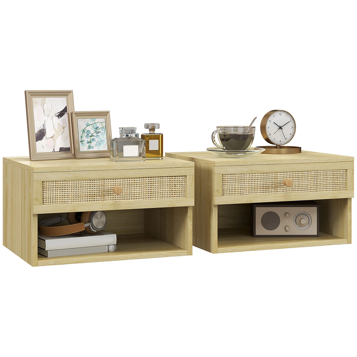 Premium Floating Nightstands Two Pack Compact Size With Rattan Drawer And Open Shelf Bedroom Storage by HOMCOM