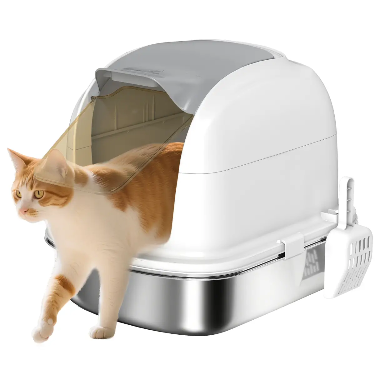 PawHut Stainless Steel Cat Litter Tray with Lid - Cat Litter