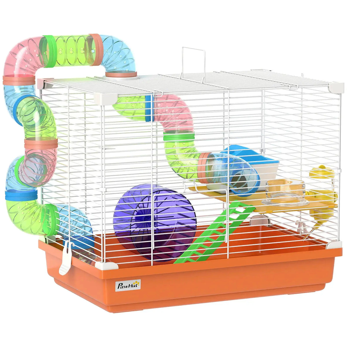 PawHut 2 Tier Hamster Cage, Gerbil Cage with Handle, Exercise Wheels, Tunnel, Water Bottle, Dishes, Ladder, for Dwarf - from PawHut