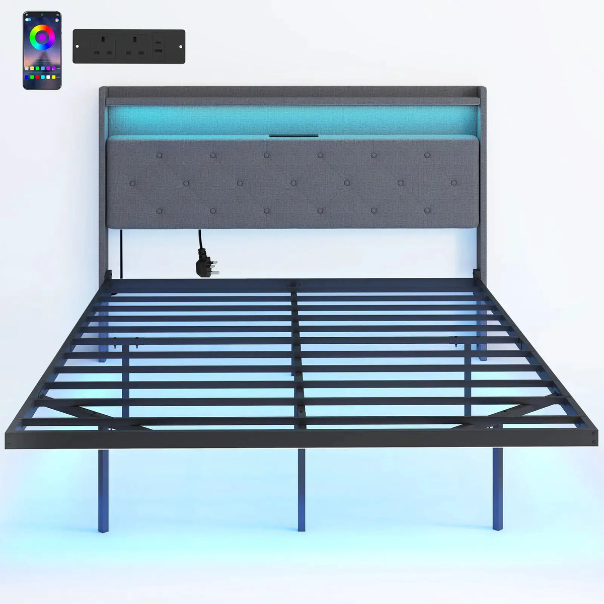 HOMCOM Floating Bed Frame, Upholstered 4ft6 Double Size Bed, Platform Bed with RGB LED Lights and Charging Station, Grey - from HOMCOM