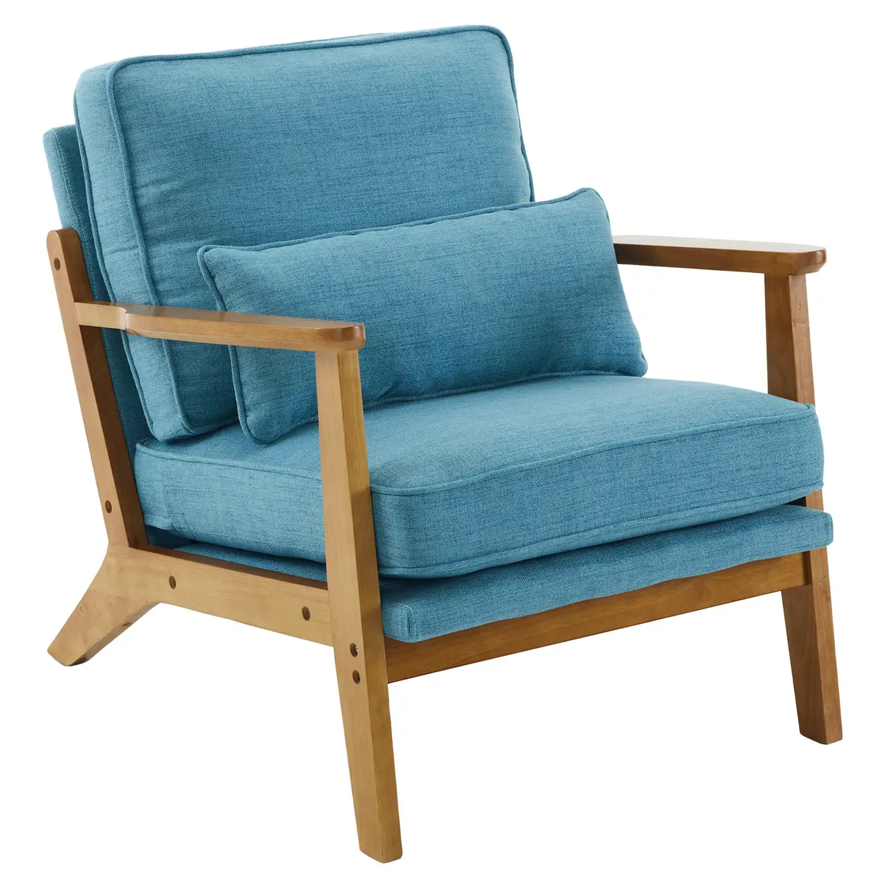 N/A Mid-Century Oak Accent Chair - Linen-Cotton Navy Blue Upholstered Single Lounge Chair, Indoor Armchair with Sturdy Wood Frame (330LBS Weight Capacity) - Accent Chair