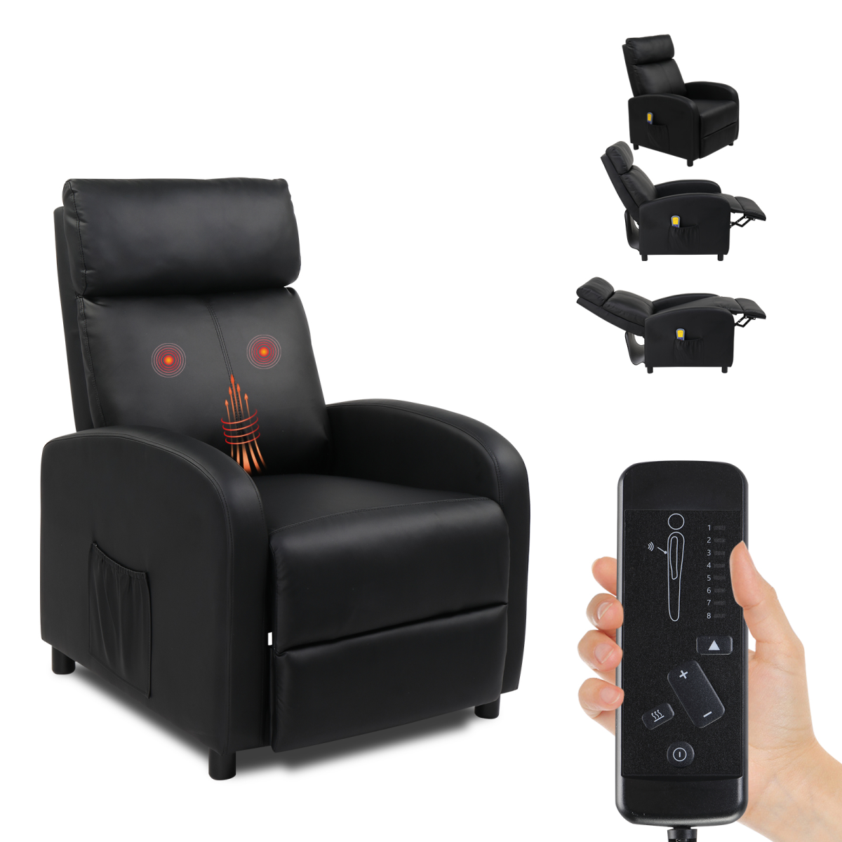 PU With 2-Point Massage Heating Function Recliner Black - from N/A