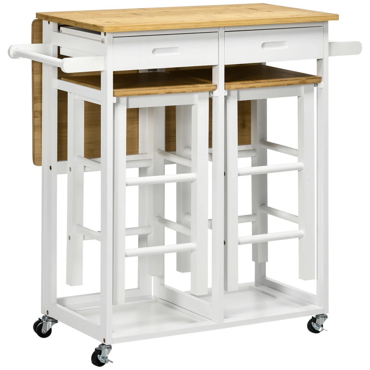 HOMCOM Bamboo Breakfast Cart Drop Leaf Table Stools - Dining Table