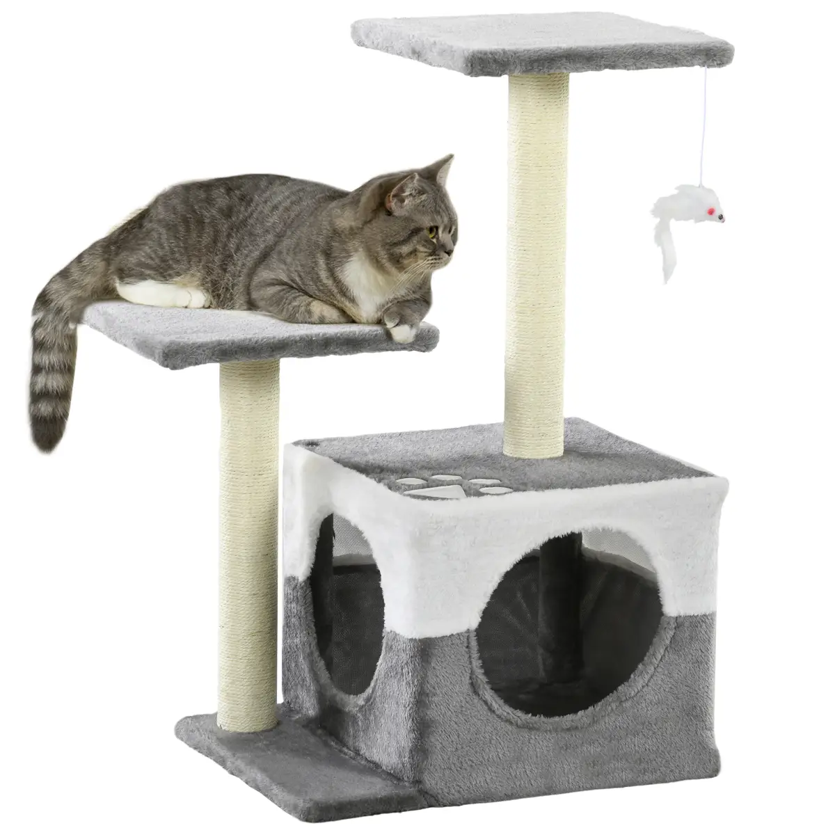 PawHut PawHut Cat Tree w/ Sisal Scratching Posts, House, Perches, Toy Mouse - Grey - Cat Tree