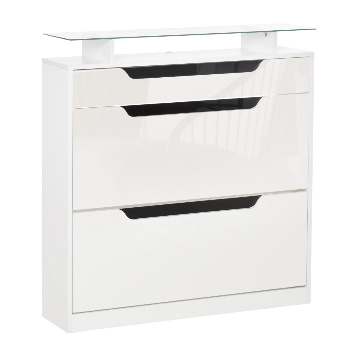 Premium White High Gloss Shoe Cabinet With Glass Top Three Drawers Storage Organizer For Hallway Or Office by HOMCOM