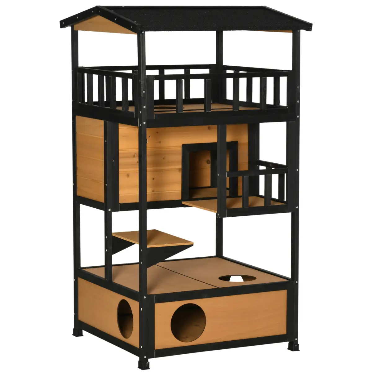 PawHut Wooden Outdoor Cat House 3-Tier Kitten Shelter w/ Tilted Roof Yellow - Cat House