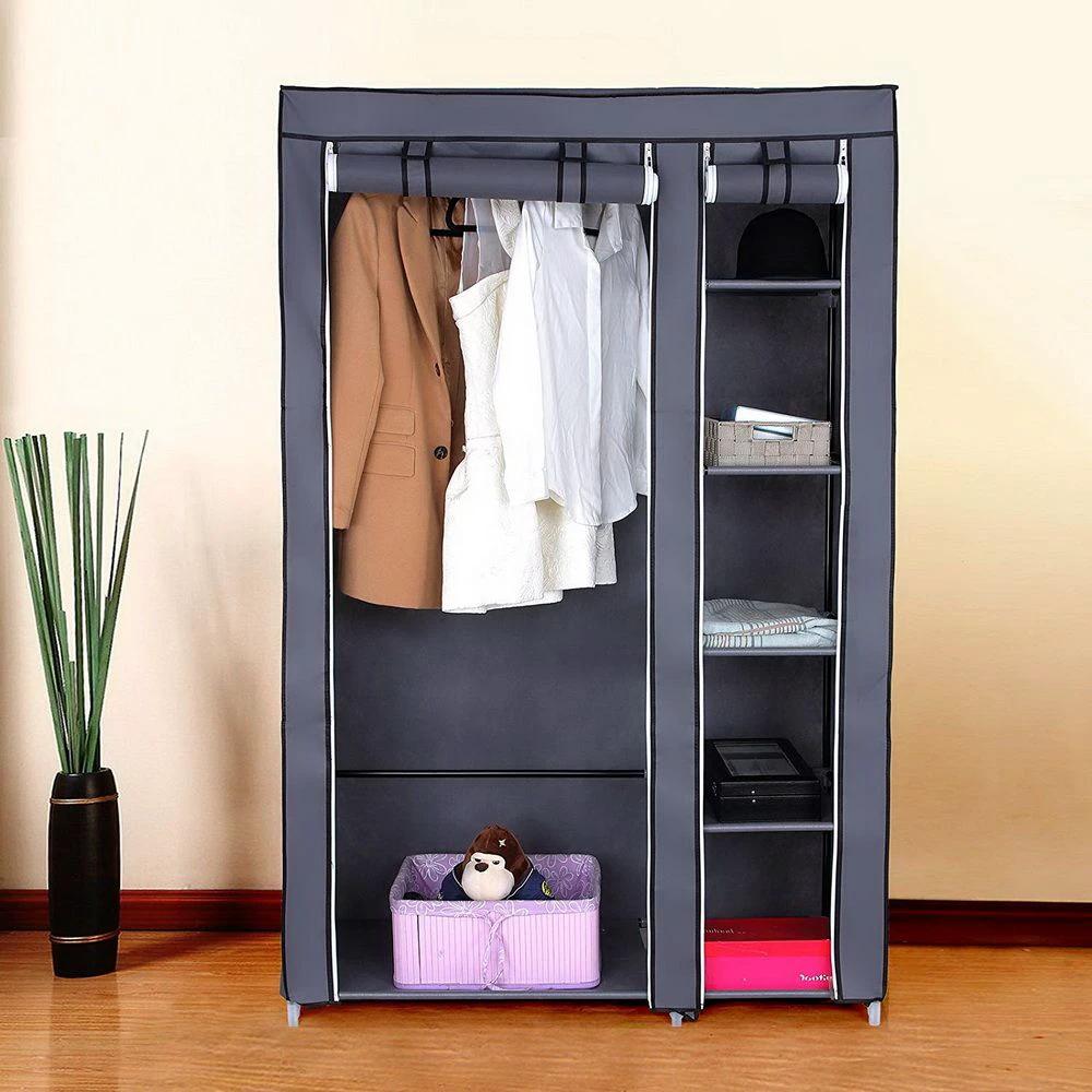 67" Portable Clothes Closet Wardrobe with Non-woven Fabric and Hanging Rod Quick and Easy to Assemble Gray by N/A