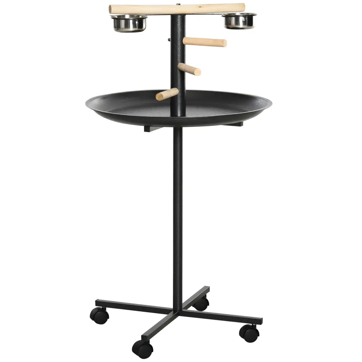 Pawhut Bird Play Stand Portable Feeder Station w/ Wooden Perches, Stainless Steel Bowls - Bird Feeder