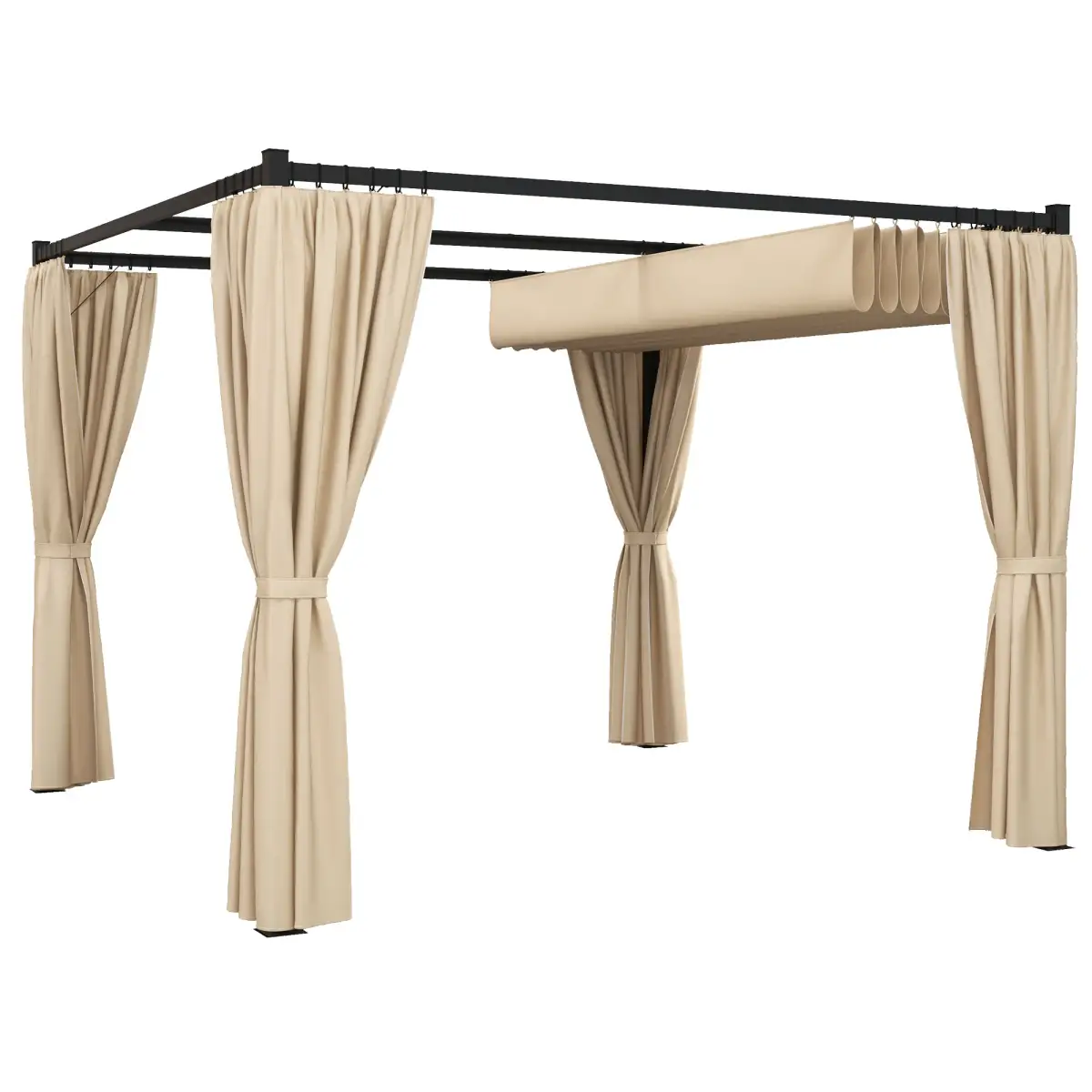 Outsunny Outsunny 3 x 3(m) Pergola with Retractable Roof and Curtains, Beige - Gazebos