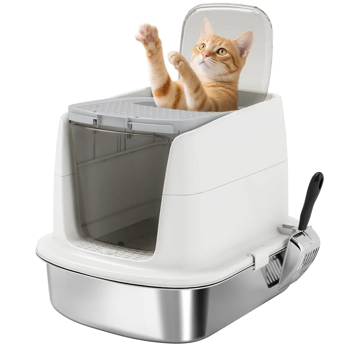 PawHut Stainless Steel Litter Box, Enclosed Metal Cat Litter Tray with Scoop - Cat Litter