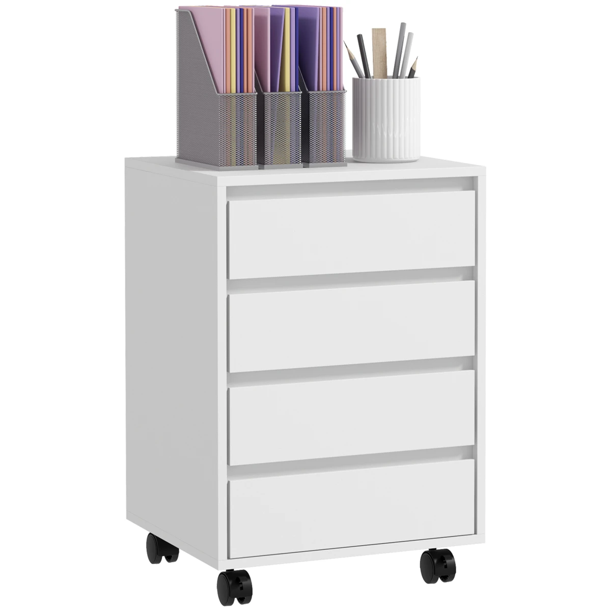 Versatile White Mobile Filing Cabinet Four Drawer Lockable Wheels Office Organization by HOMCOM