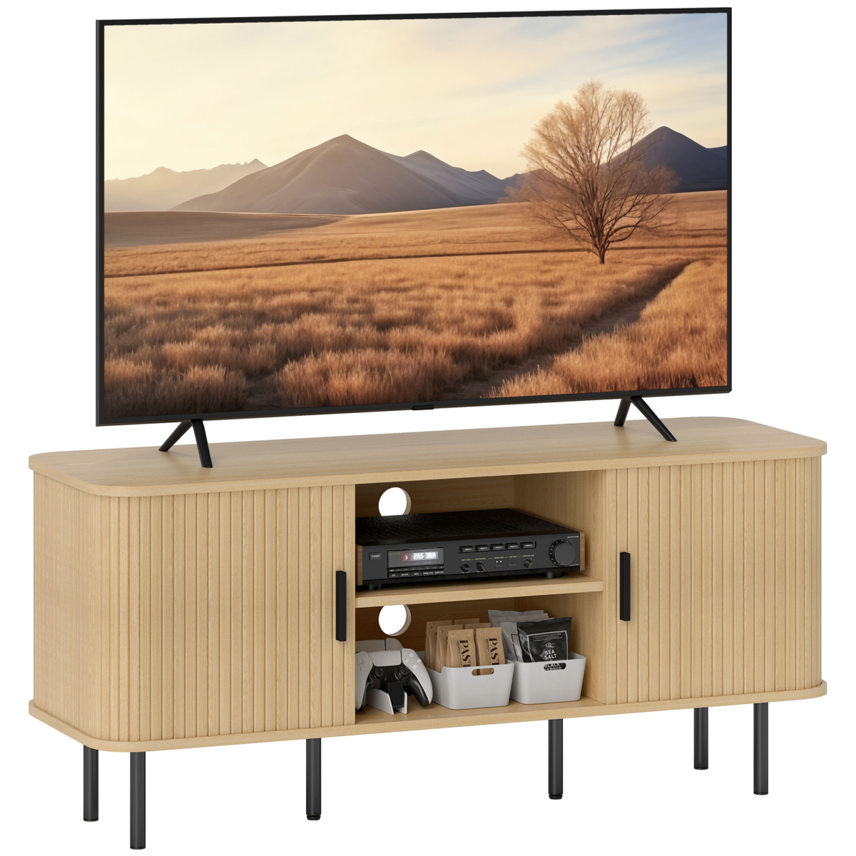 Living Room TV Unit With Oak Tone Finish HOMCOM Two Shelves Two Cupboards Cable Management Elevated Base