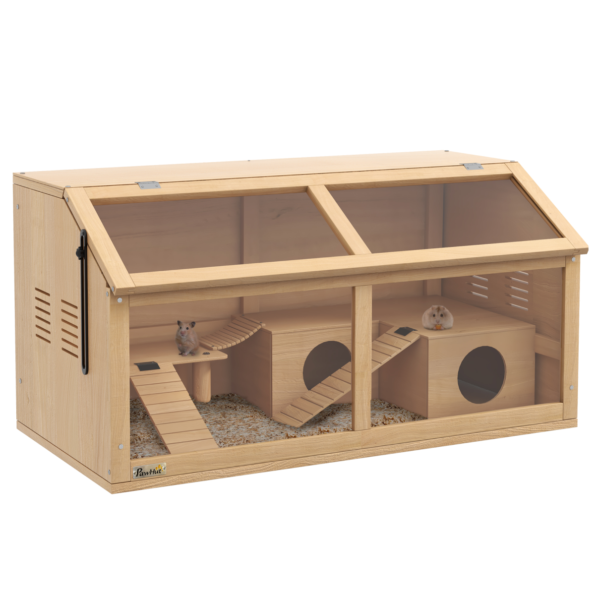 PawHut Wooden Hamster Cage for Gerbils w/ Suspension Bridge, Ladders, Nature - from PawHut
