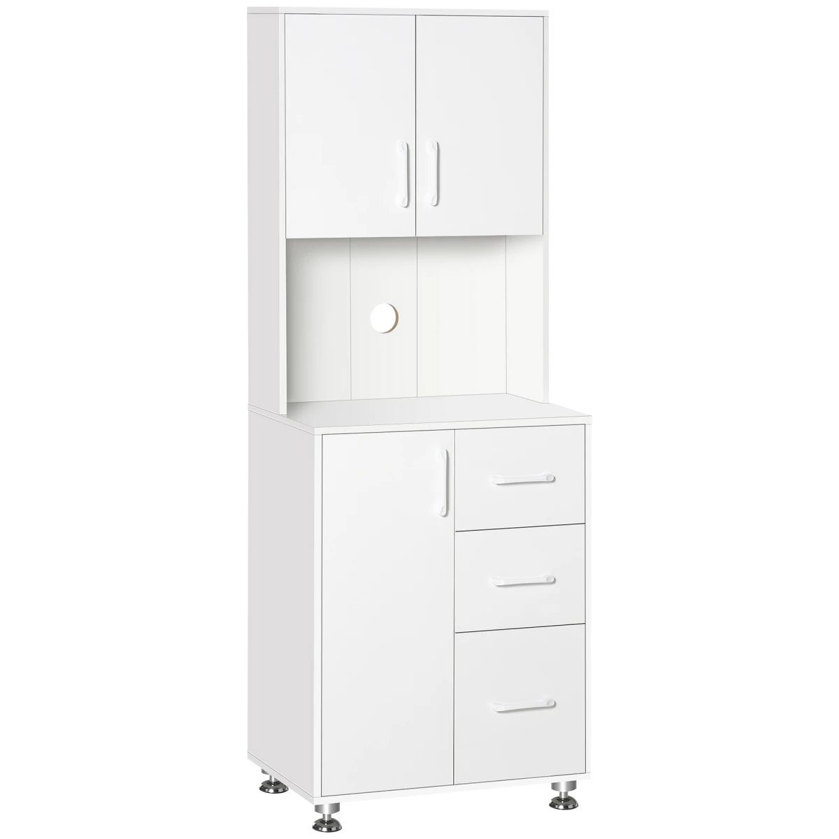HOMCOM Premium White Kitchen Buffet Storage Cabinet 60x40x150cm With 2 Cabinets 3 Drawers Microwave Rack With Cable Management - Chest of Drawers