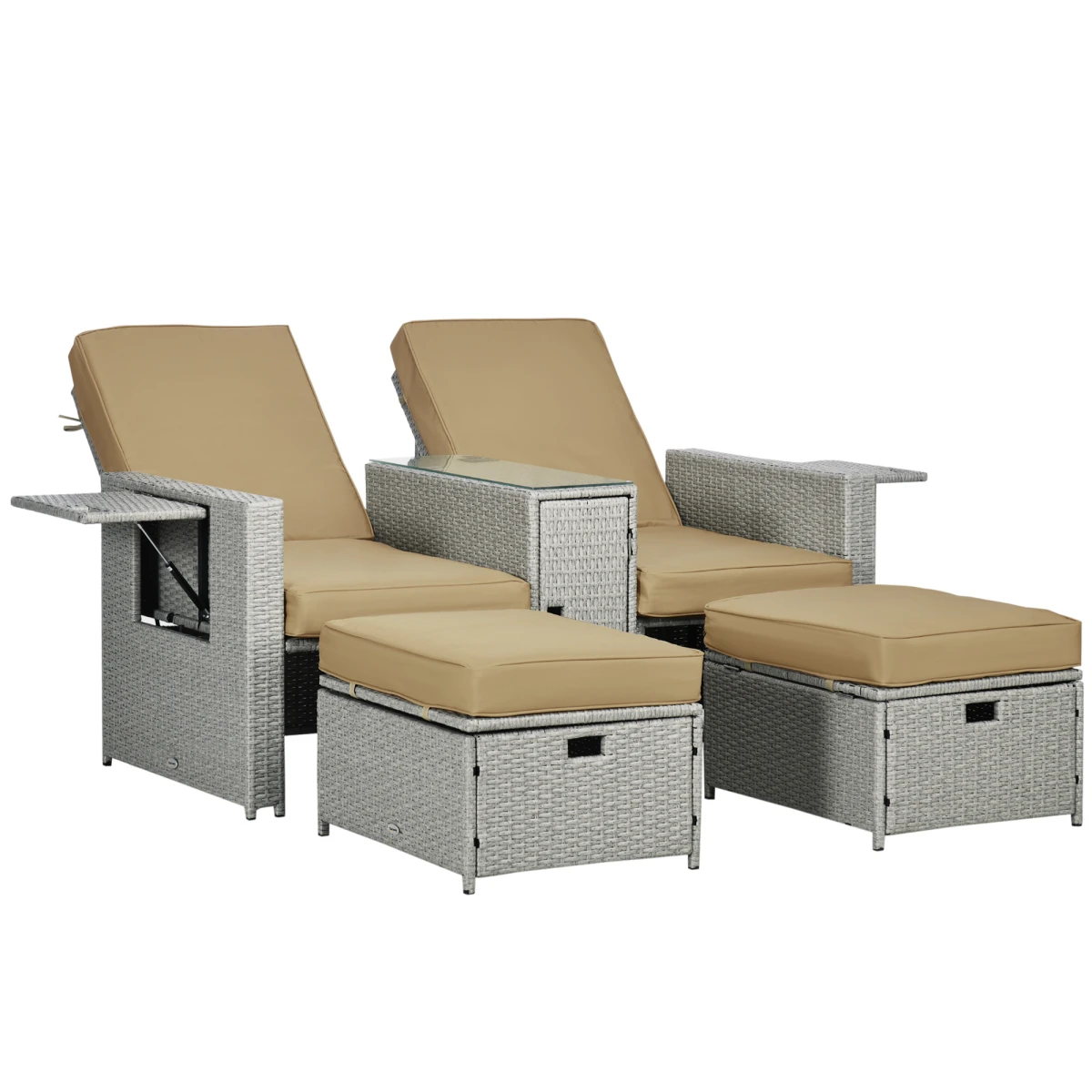 Outsunny Premium Rattan Lounge Set 5-Piece With Beige Cushions For Outdoor Patio Use And Garden Parties - Sun Lounger