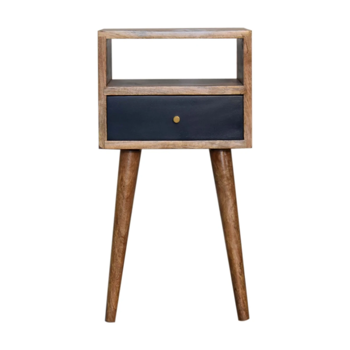 Artisan Furniture Artisan Nightstand Compact Mango Wood Navy Hand Painted Drawer Open Shelf Bedroom Decor And Storage - Bedside Table