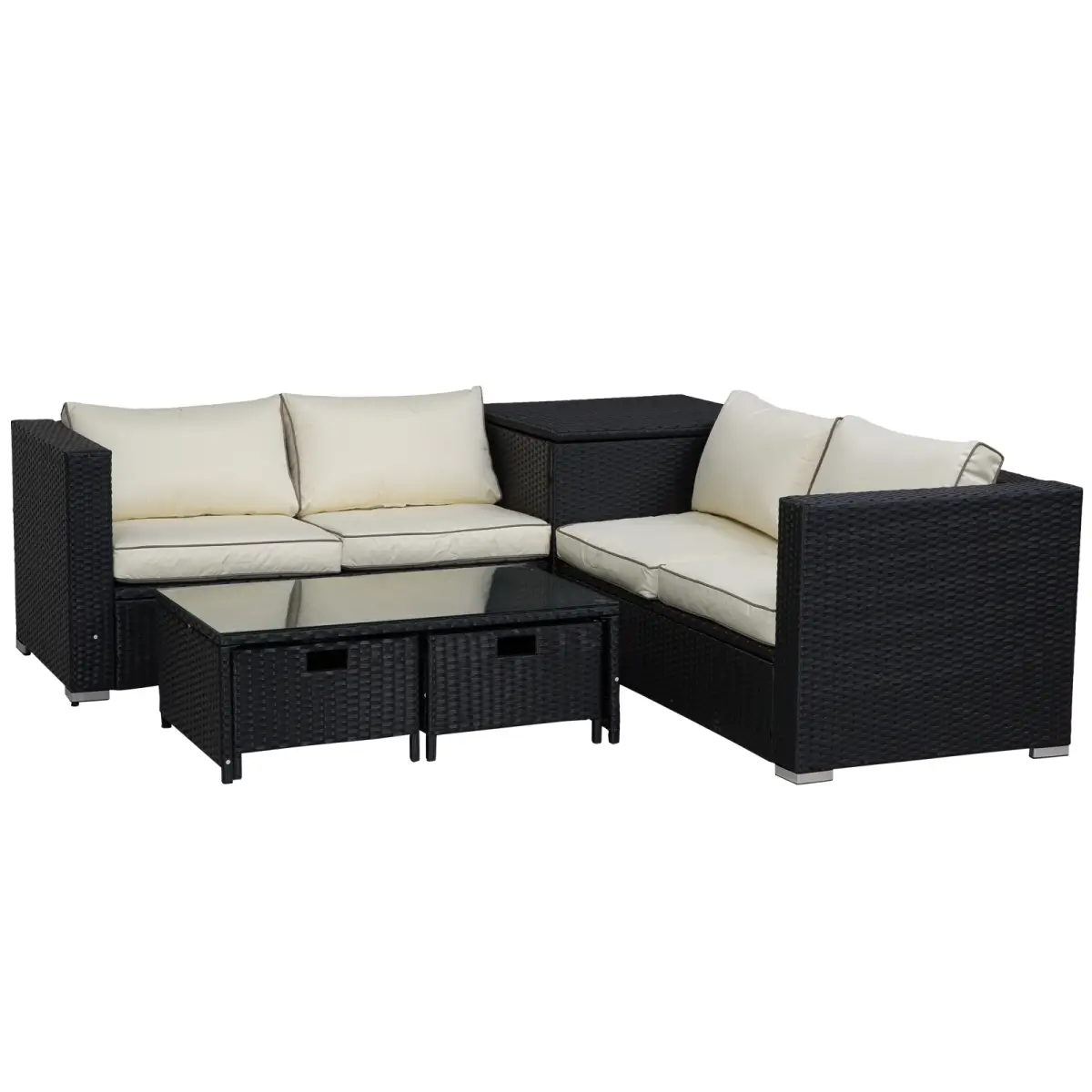 Outsunny 4-Seater Rattan Wicker Garden Patio Sofa Storage & Table Set Black - Garden Sofa Sets
