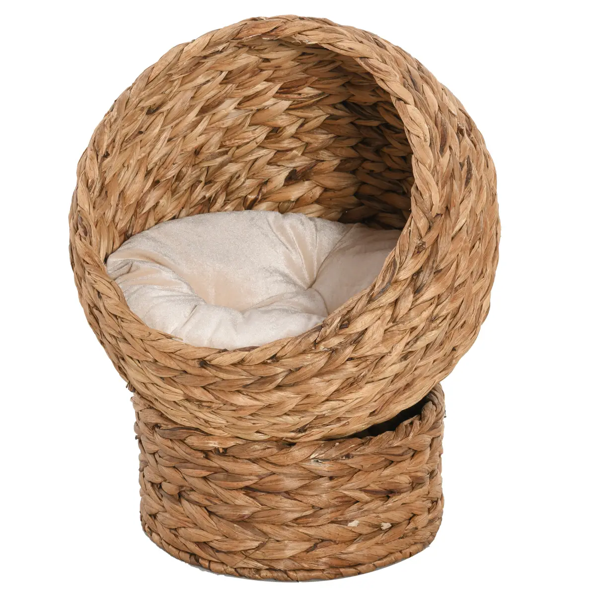 PawHut Elevated Kitten Hooded Rattan Cat House Basket Cushion, 52x42x60cm Brown - Cat House