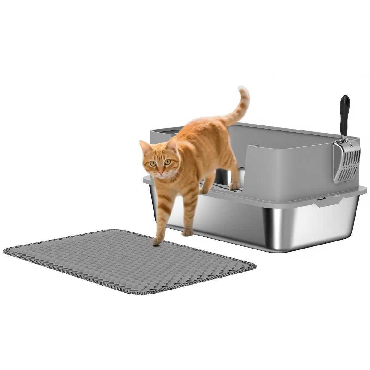 PawHut Stainless Steel Litter Box with Scoop, High Sided Cat Litter Tray - Cat Litter