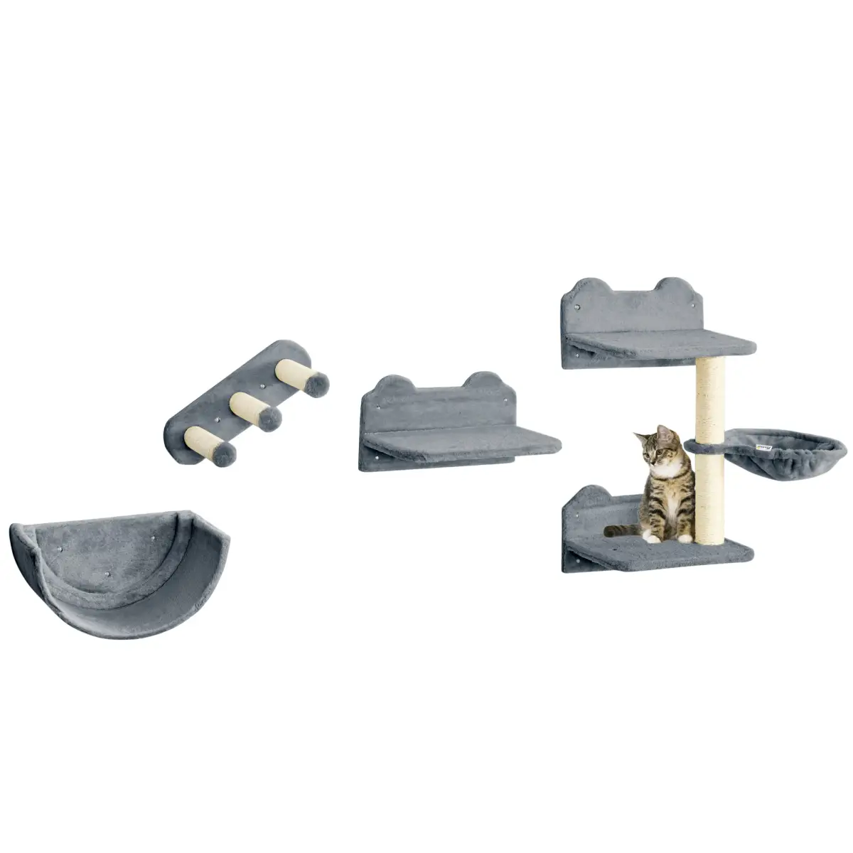 PawHut PawHut 4PCs Wall Mounted Cat Tree Cat Wall Shelves W/ Scratching Post Grey - Cat Tree