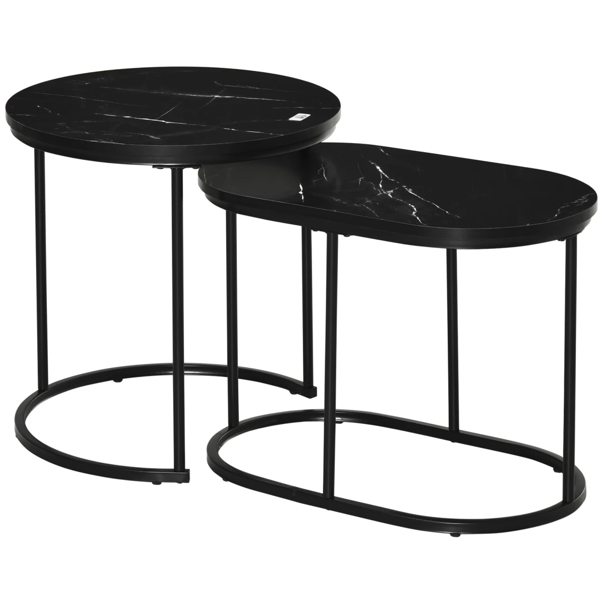 HOMCOM Two Piece Marble Top Side Tables Round And Oval Black Steel Frames Living Room Set by HOMCOM