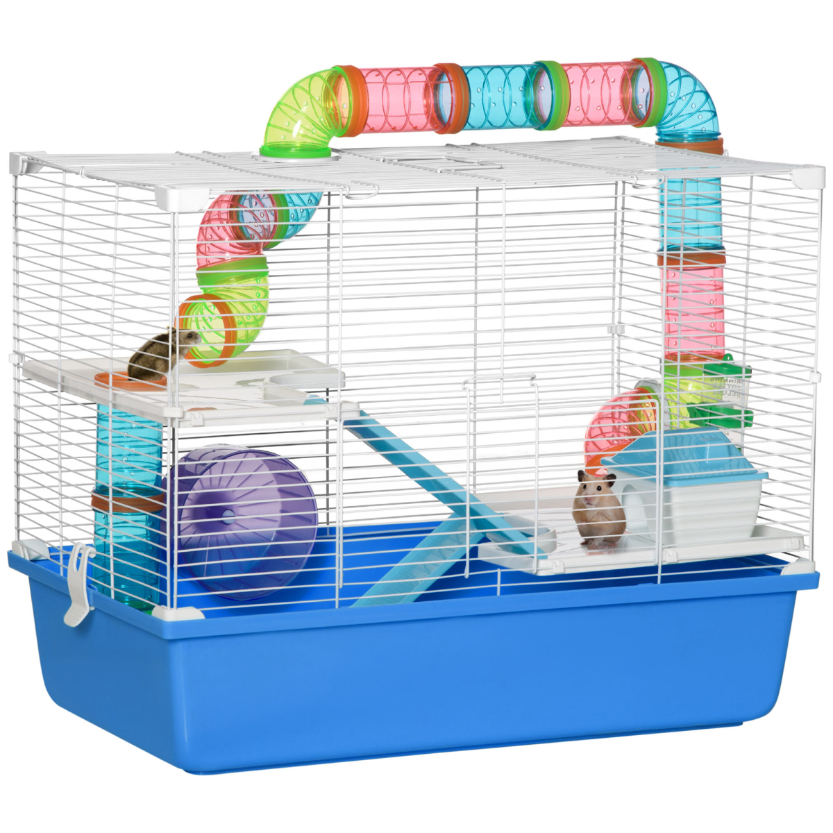 Hamster Cage Rodents House w/ Tubes Exercise Wheel, Water Bottle - Blue - from Pawhut