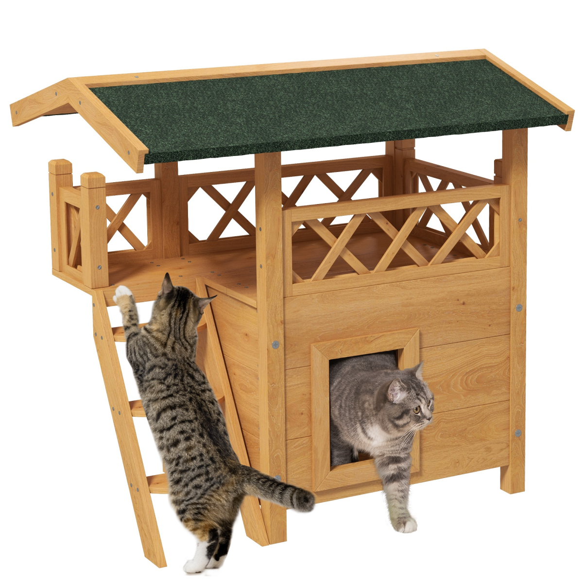 Outdoor Cat House With Balcony And Stairs PawHut Natural Fir Wood Elevated Weatherproof Roof