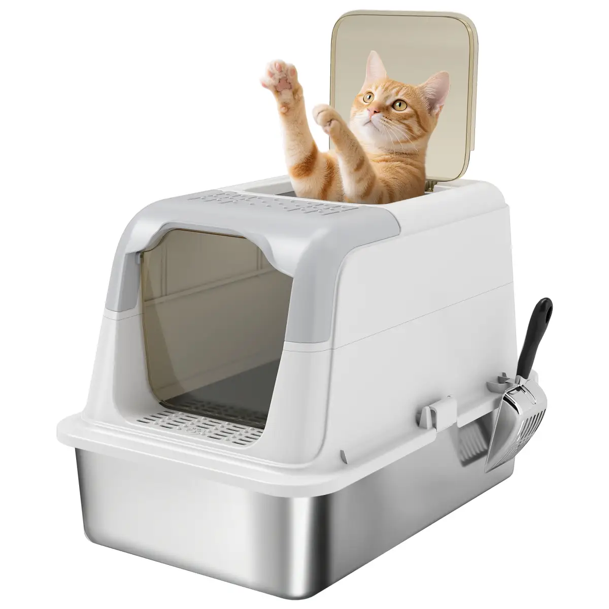 PawHut Stainless Steel Litter Box, Enclosed Metal Litter Tray with Scoop - Cat Litter