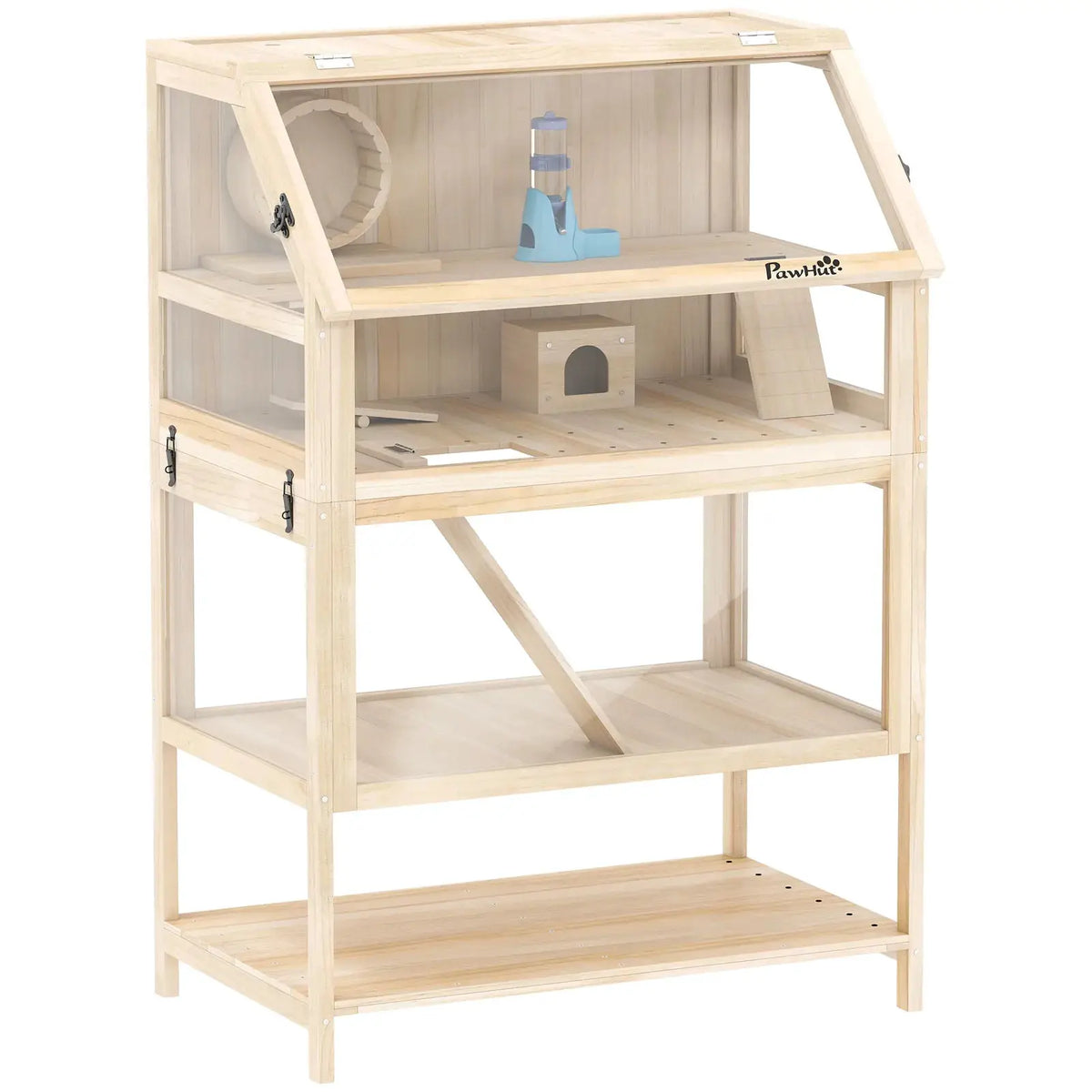 PawHut Wooden Hamster Cage with Detachable Lower Floor, Storage Shelf, Hut, Seesaw, Exercise Wheel, Ramps for Hamster - from PawHut