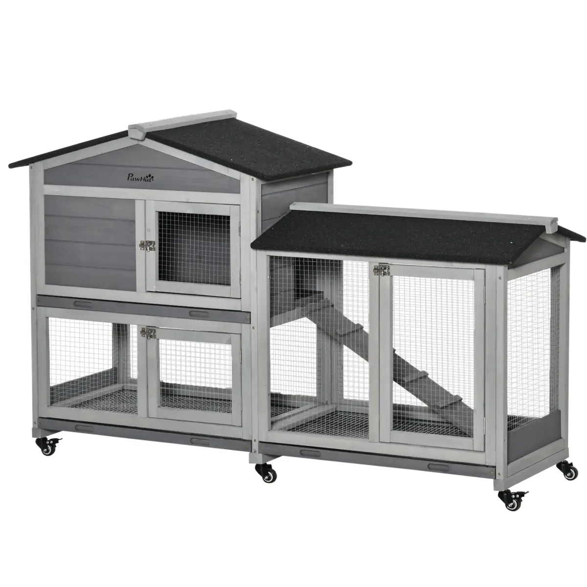 PawHut Wooden Rabbit Hutch, Guinea Pig Cage w/ Wheels, Slide-Out Tray, Ramp Light Grey - Rabbit Hutch