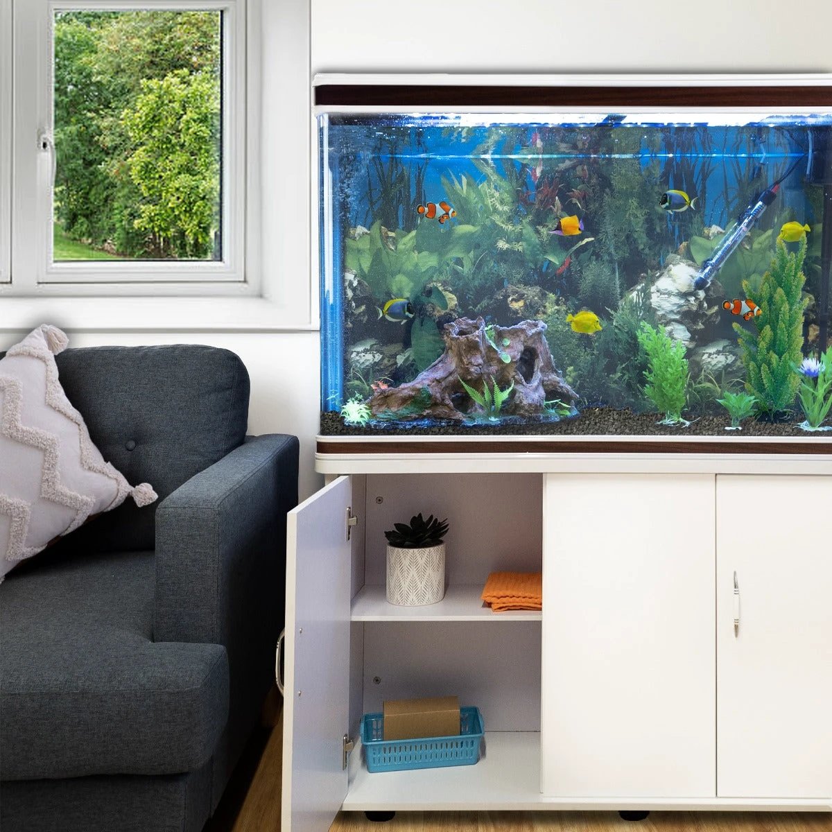 Aquarium Fish Tank & Cabinet with Complete Starter Kit - White Tank & Black Gravel by Monster Shop