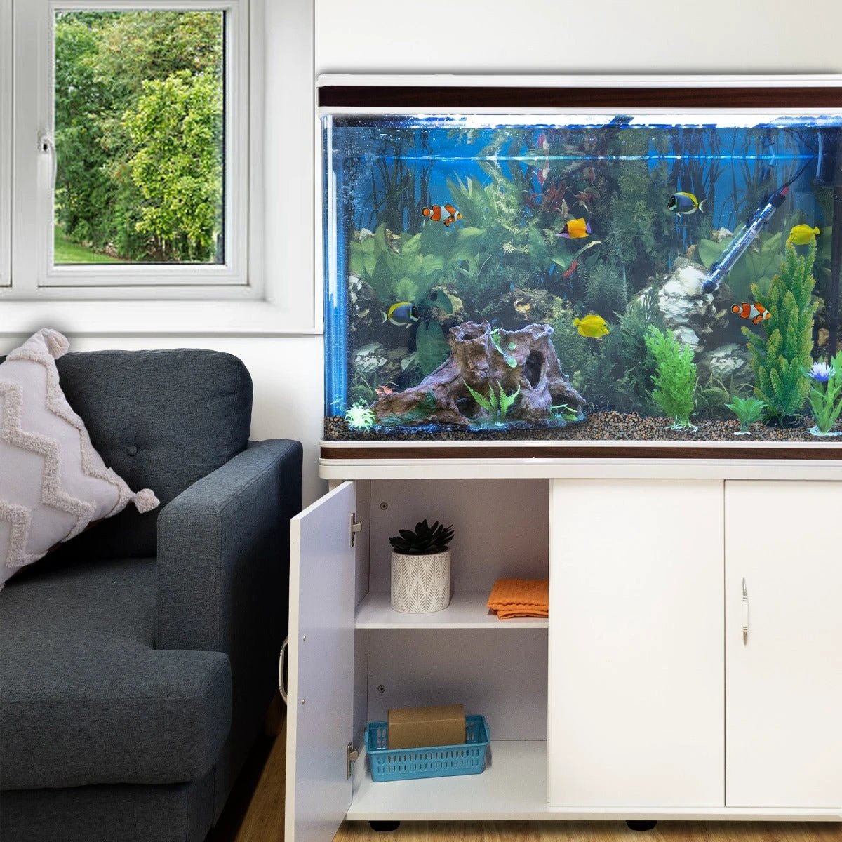 Monster Shop Aquarium Fish Tank and Cabinet with Complete Starter Kit - White Tank with Natural Gravel -
