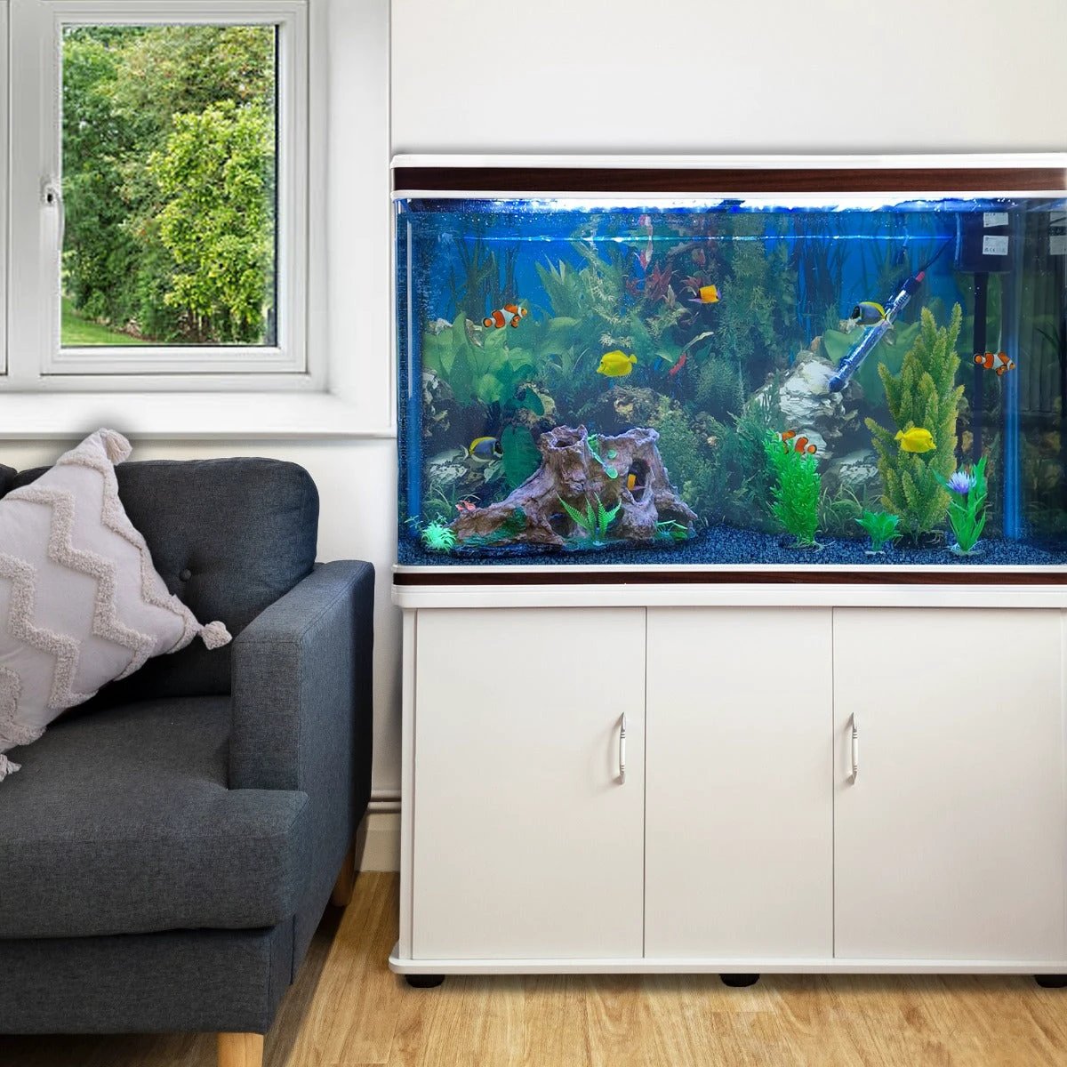 Monster Shop Aquarium Fish Tank and Cabinet with Complete Starter Kit - White Tank with Blue Gravel -