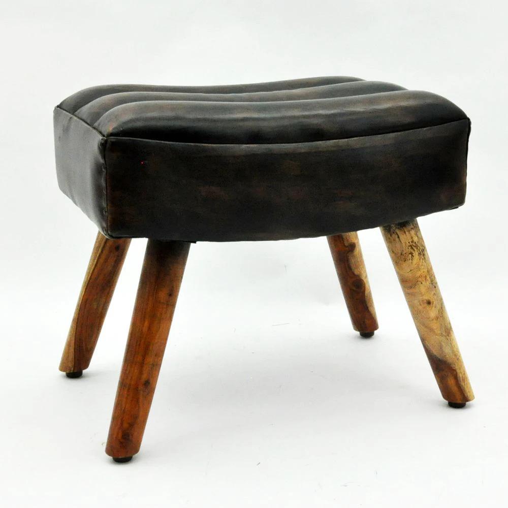 49cm Black Leather Footstool by MSL