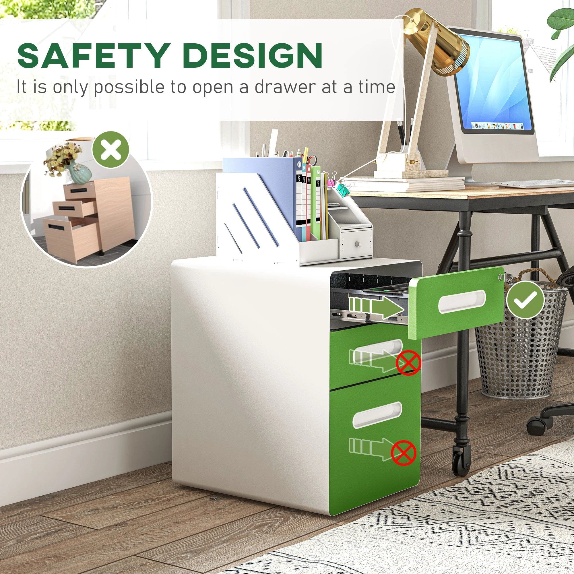 Vinsetto Vinsetto 3 Drawer Modern Steel Filing Cabinet w/ 4 Wheels Lock Box - Filing Cabinet