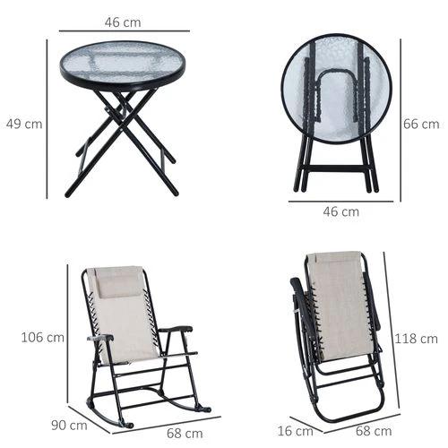 Outsunny 3 Piece Rocking Bistro Set, 2 Folding Chairs & 1 Tempered Glass Table, Beige - Bistro Sets