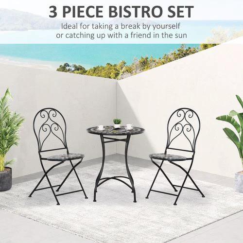 Outsunny 3PC Garden Bistro Set with Mosaic Tile Top and Seats, Metal Frame - Bistro Sets