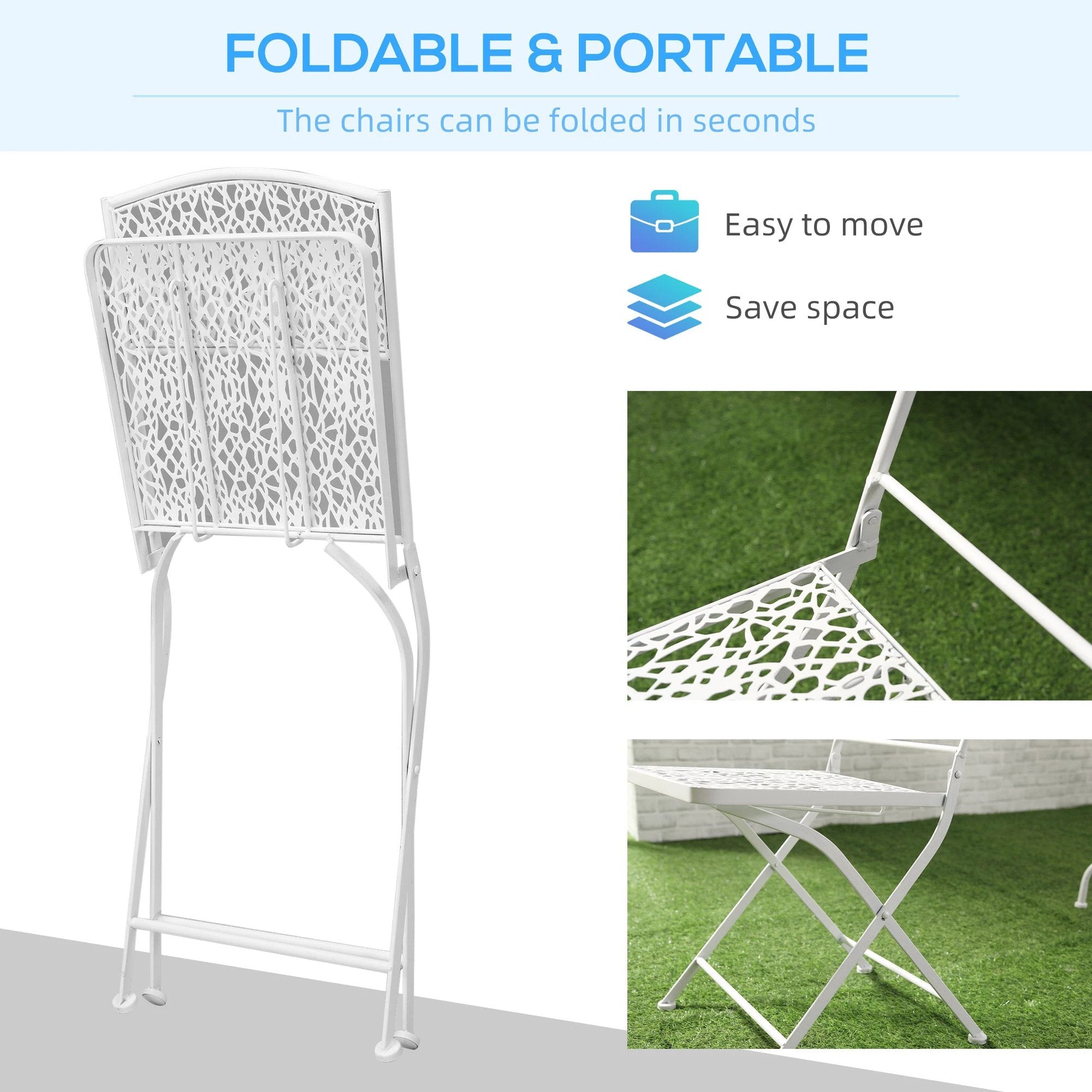 Outsunny Garden Bistro Set for 2 with Folding Chairs and Round Table, White - Bistro Sets