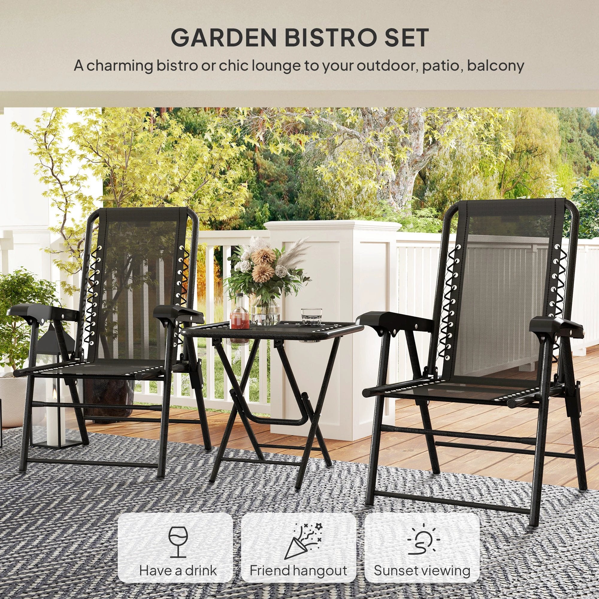 Outsunny 3 Pieces Folding Garden Bistro Set with Cup Holders, Black by Outsunny