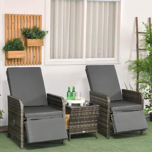 Outsunny Outsunny 3 Pieces Rattan Bistro Set w/ Adjustable Backrest - Mix-Grey - Bistro Sets