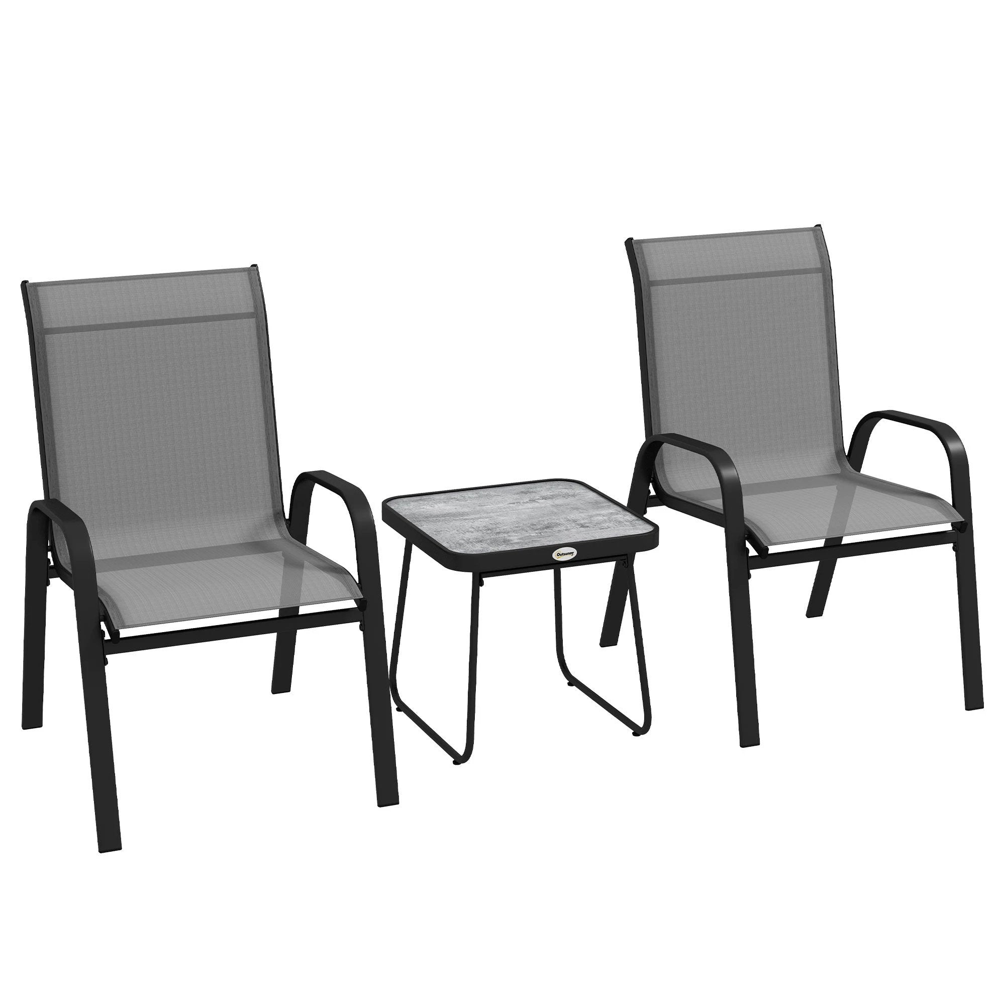 Outsunny 3PCs Bistro Set with Breathable Mesh Fabric Stackable Chairs Light Grey by Outsunny