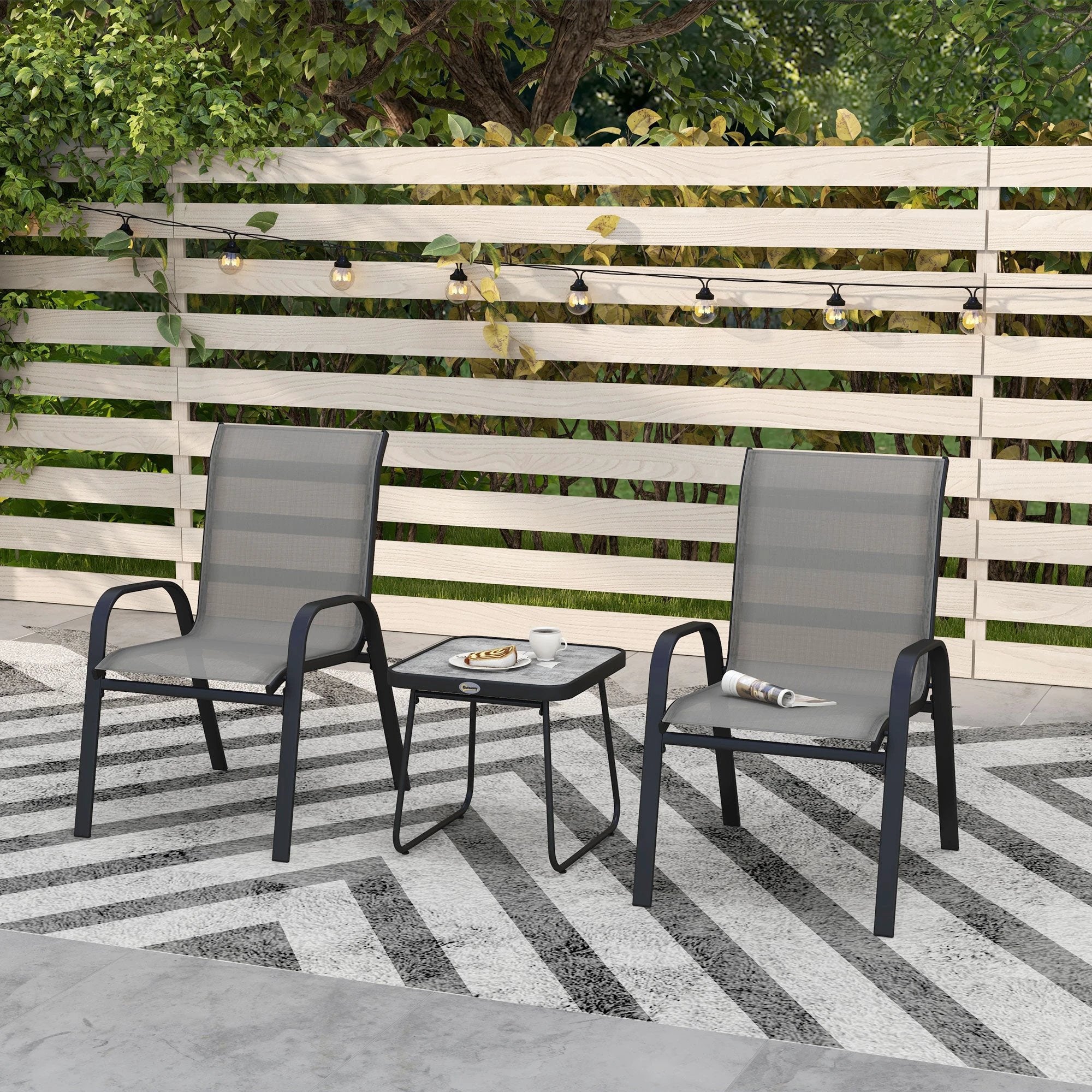 Outsunny 3PCs Bistro Set with Breathable Mesh Fabric Stackable Chairs Light Grey by Outsunny